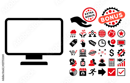 Monitor pictograph with bonus pictogram. Vector illustration style is flat iconic bicolor symbols, intensive red and black colors, white background.