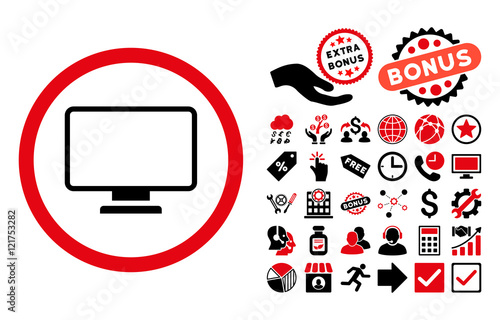 Monitor pictograph with bonus icon set. Vector illustration style is flat iconic bicolor symbols, intensive red and black colors, white background.