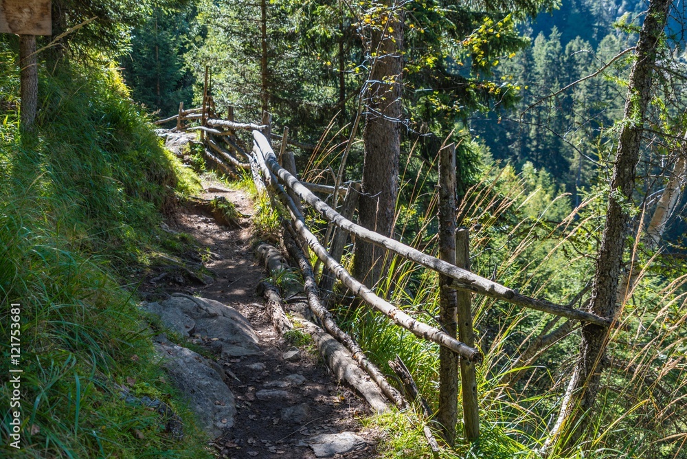 Obraz premium Wanderweg im Stubaital mit Holzgeländer