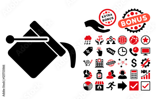 Paint Bucket pictograph with bonus pictogram. Vector illustration style is flat iconic bicolor symbols, intensive red and black colors, white background.