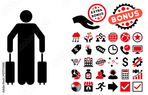 Passenger Baggage pictograph with bonus symbols. Vector illustration style is flat iconic bicolor symbols, intensive red and black colors, white background.