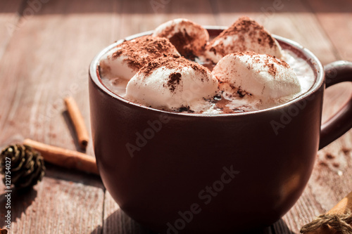 Christmas drink. Hot chocolate in a mug, marshmallows, cinnamon sticks and fir cones, close-up