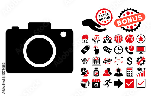 Photo Camera icon with bonus symbols. Vector illustration style is flat iconic bicolor symbols, intensive red and black colors, white background.