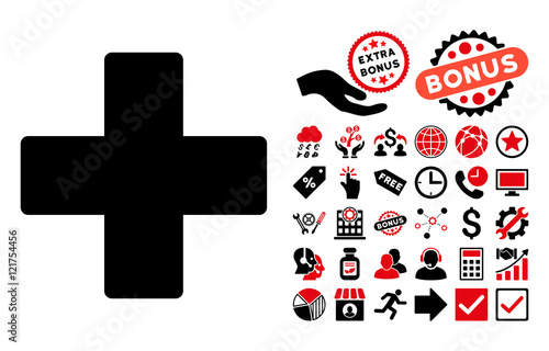 Plus icon with bonus elements. Vector illustration style is flat iconic bicolor symbols, intensive red and black colors, white background.