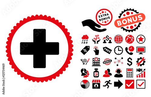 Plus pictograph with bonus design elements. Vector illustration style is flat iconic bicolor symbols, intensive red and black colors, white background.