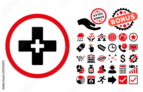 Plus icon with bonus design elements. Vector illustration style is flat iconic bicolor symbols, intensive red and black colors, white background.