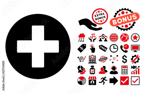 Plus icon with bonus icon set. Vector illustration style is flat iconic bicolor symbols, intensive red and black colors, white background.