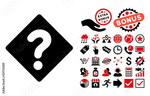 Question icon with bonus pictograph collection. Vector illustration style is flat iconic bicolor symbols, intensive red and black colors, white background.