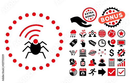 Radio Spy Bug icon with bonus pictograph collection. Vector illustration style is flat iconic bicolor symbols, intensive red and black colors, white background.