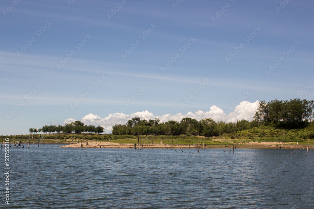 lake water and mountain with blue sky