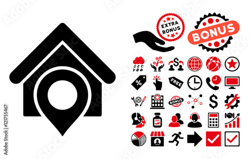 Realty Location pictograph with bonus symbols. Vector illustration style is flat iconic bicolor symbols, intensive red and black colors, white background.