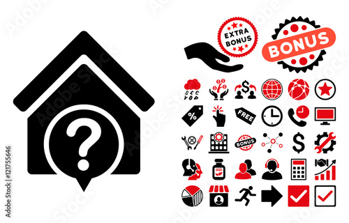 Realty State icon with bonus elements. Vector illustration style is flat iconic bicolor symbols, intensive red and black colors, white background.