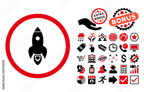 Rocket Start icon with bonus pictures. Vector illustration style is flat iconic bicolor symbols, intensive red and black colors, white background.
