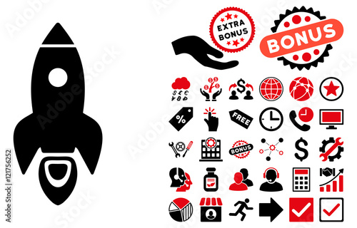 Rocket pictograph with bonus pictogram. Vector illustration style is flat iconic bicolor symbols, intensive red and black colors, white background.