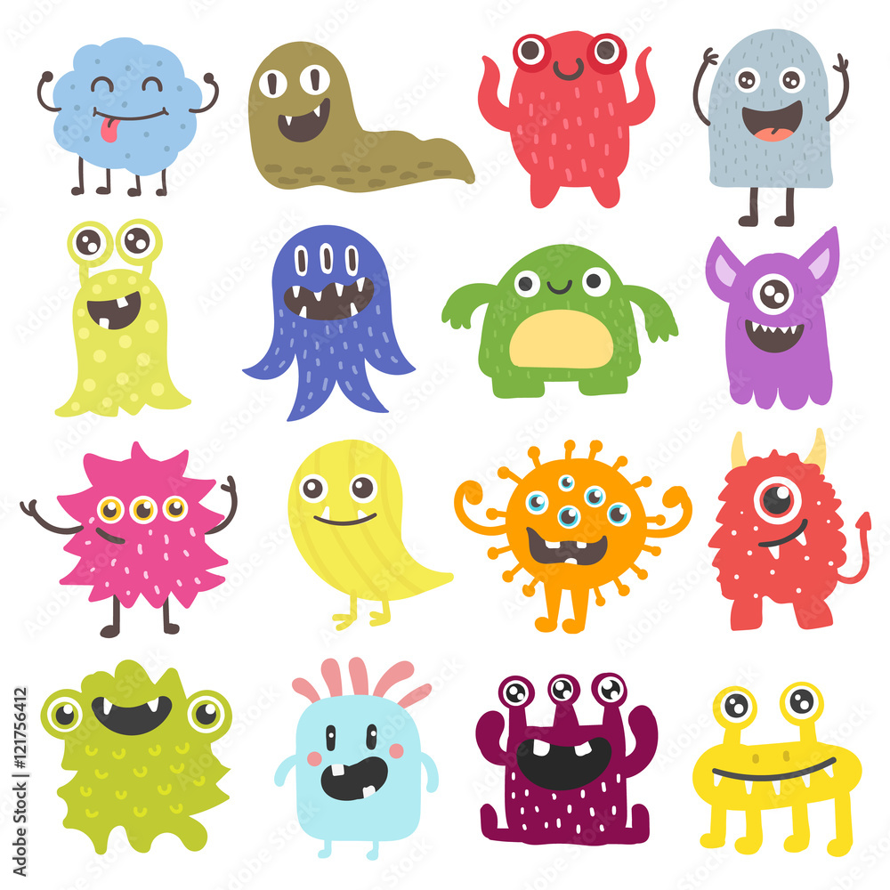 Cute monster color character funny design element. Humour emoticon fantasy monsters unique expression sticker isolated. Alien sticker vector fantasy monsters paint crazy animals.