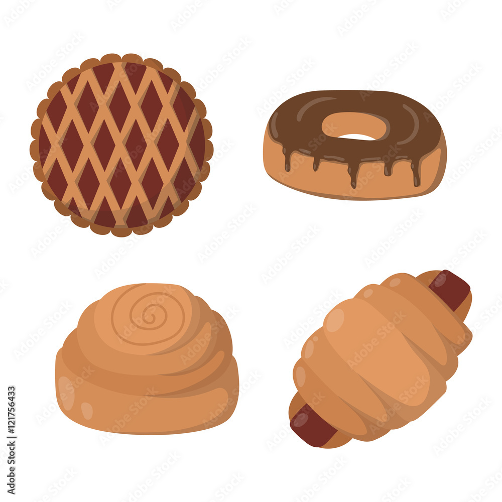Vector illustration of bakery product food collection. Breakfast wheat meal chocolate dessert bakery products. Fresh grain product bun roll bakery products grocery health diet snack gourmet cereal. Vector illustration of bakery product food collection. Breakfast wheat meal chocolate dessert bakery products. Fresh grain product bun roll bakery products grocery health diet snack gourmet cereal.