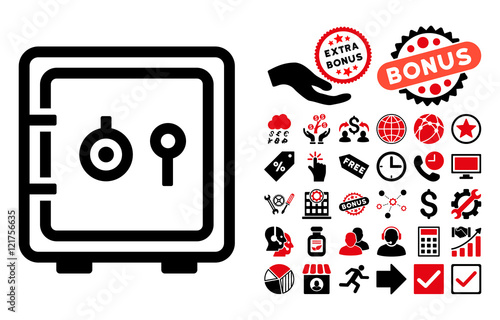 Safe pictograph with bonus design elements. Vector illustration style is flat iconic bicolor symbols, intensive red and black colors, white background.