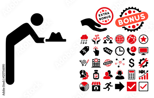 Servant With Hat icon with bonus pictograph collection. Vector illustration style is flat iconic bicolor symbols, intensive red and black colors, white background.