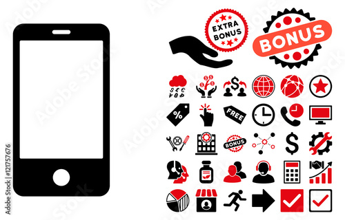 Smartphone icon with bonus elements. Vector illustration style is flat iconic bicolor symbols, intensive red and black colors, white background.