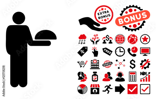 Standing Waiter icon with bonus images. Vector illustration style is flat iconic bicolor symbols, intensive red and black colors, white background.