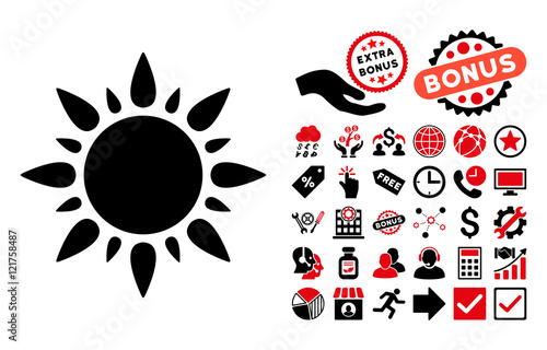 Sun icon with bonus design elements. Vector illustration style is flat iconic bicolor symbols, intensive red and black colors, white background.