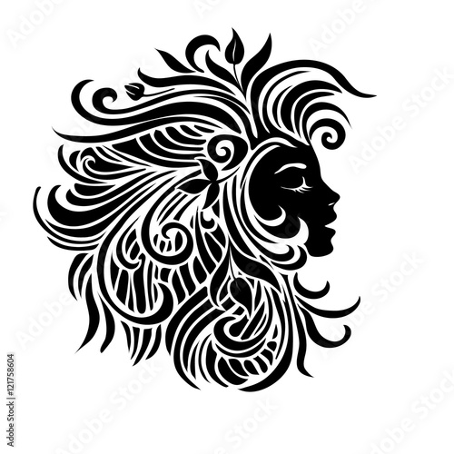 Black and white silhouette beautiful fashionable womans head. Nice face with curluy hair.