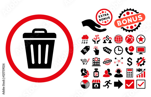 Trash Can icon with bonus images. Vector illustration style is flat iconic bicolor symbols, intensive red and black colors, white background.
