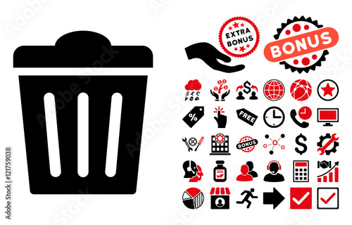 Trash Can pictograph with bonus icon set. Vector illustration style is flat iconic bicolor symbols, intensive red and black colors, white background.