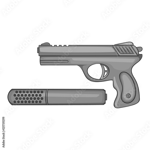 Pistol with a silencer icon in black monochrome style isolated on white background. Weapons symbol vector illustration