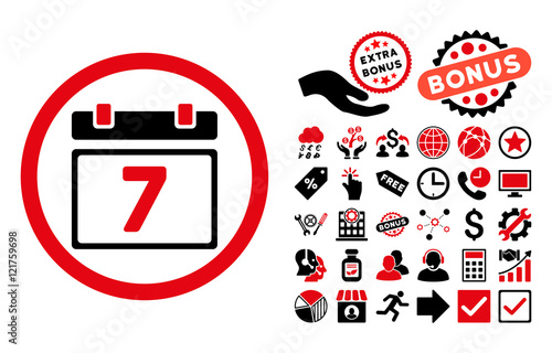 Week icon with bonus symbols. Vector illustration style is flat iconic bicolor symbols, intensive red and black colors, white background.