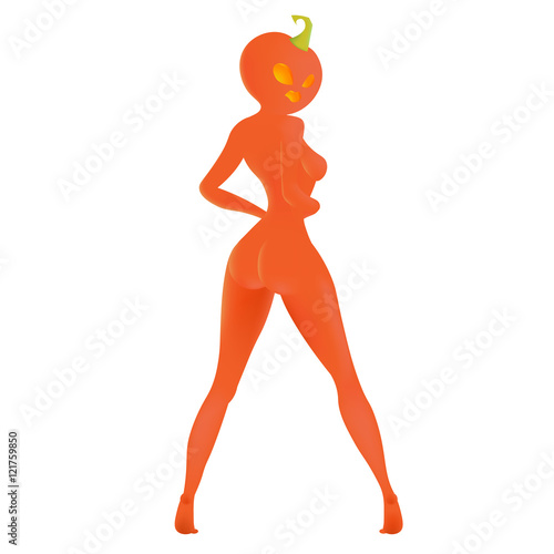The girl with the pumpkin head on Halloween, white background, Lady Pumpkin,