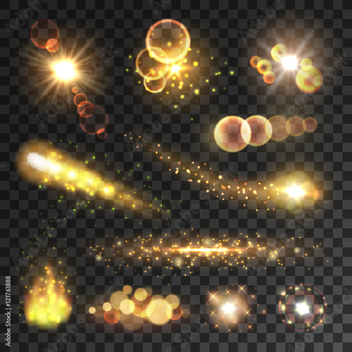 Golden sparkling light trails and flashes