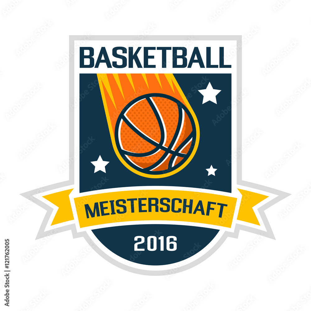 Basketball-Meisterschaft, Turnier oder Mannschaftssport Logo Schild & Ball-Konzept.