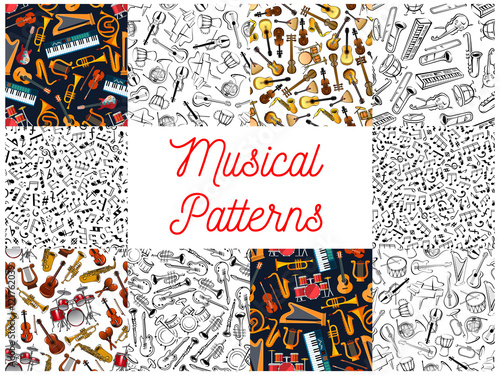 Musical instruments and notes pattern backgrounds