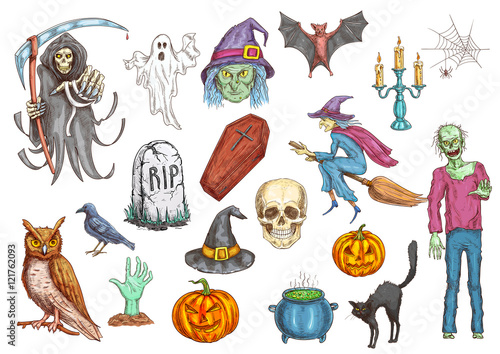 Halloween color sketch icons and elements