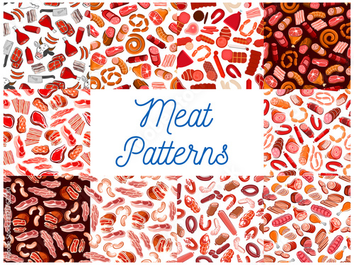 Meat and sausages seamless patterns