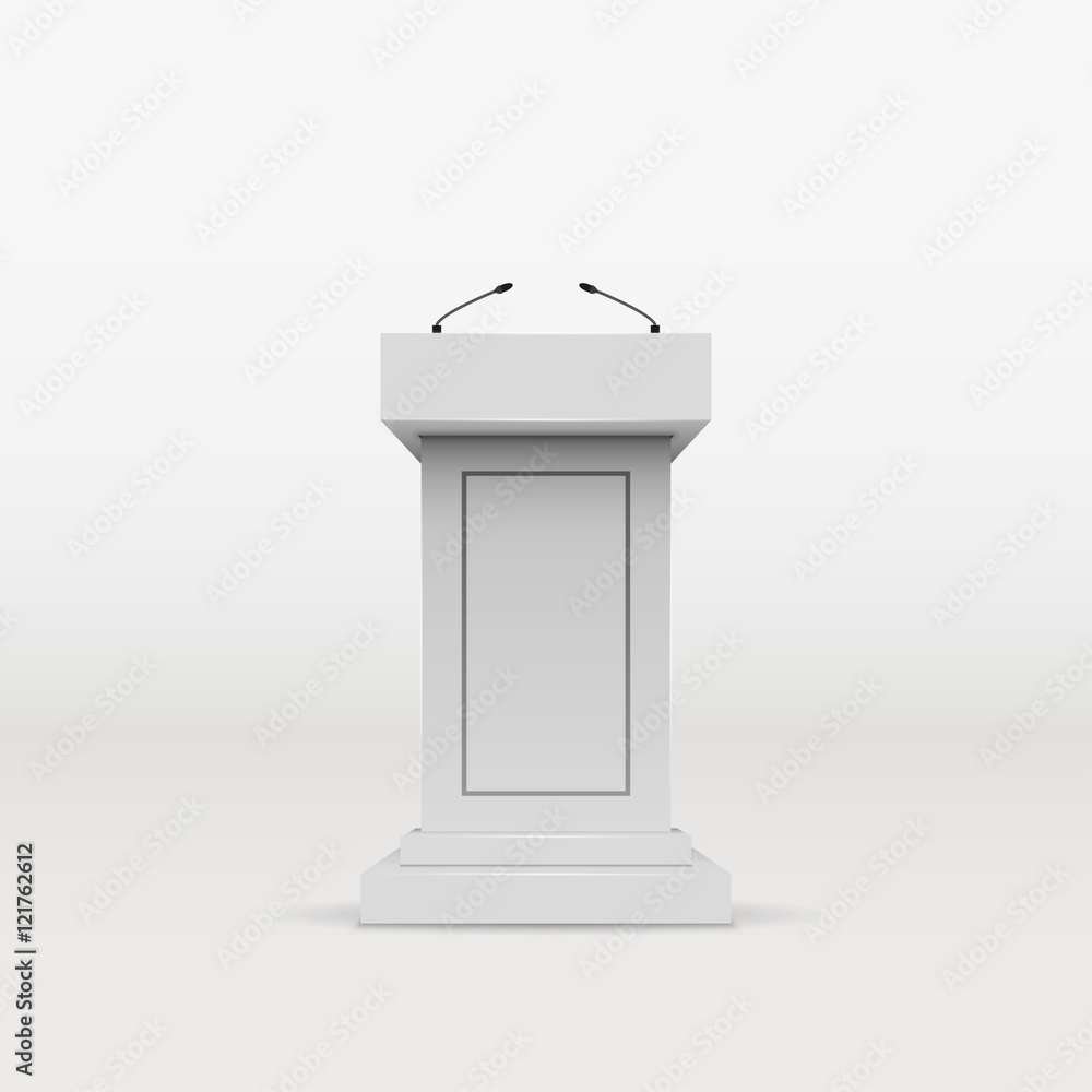 Vector White Podium Tribune Rostrum Stand with Microphones Isolated on Background Vector White Podium Tribune Rostrum Stand with Microphones Isolated on Background