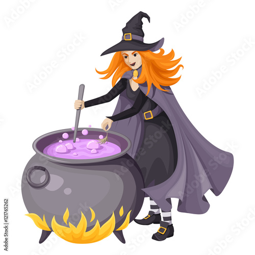 Red-haired beautiful witch in black dress, cloak and pointed hat making purple magical potion in an old large cauldron. Vector illustration isolated on a white background.