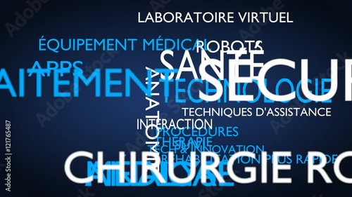 Health technology word tag cloud - blue, French variant, 3D rendering, UHD