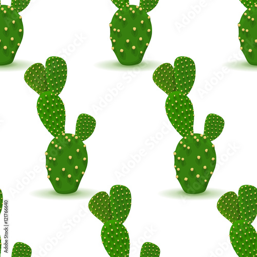 Prickly pear seamless pattern. Opuntia cactus. Vector background with desert plant. Green succulent on a white. Botanical illustration