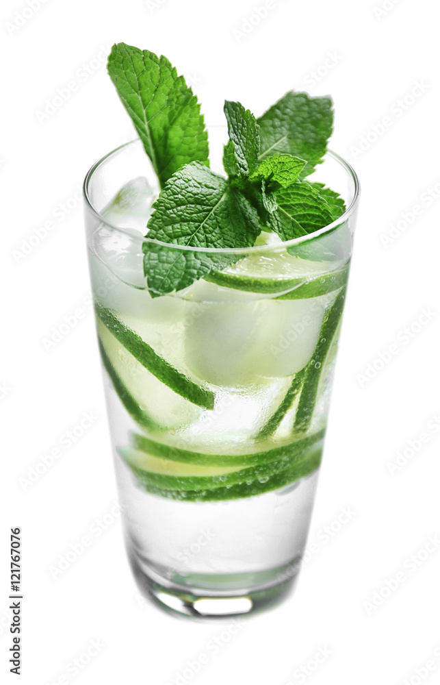 Cold fresh cocktail with lime isolated on white Cold fresh cocktail with lime isolated on white