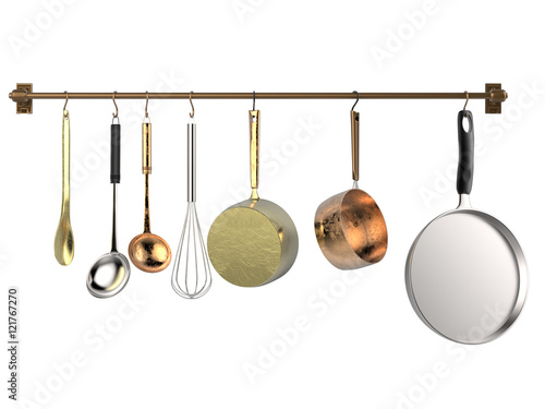 kitchen rack hanging with kitchen utensils photo