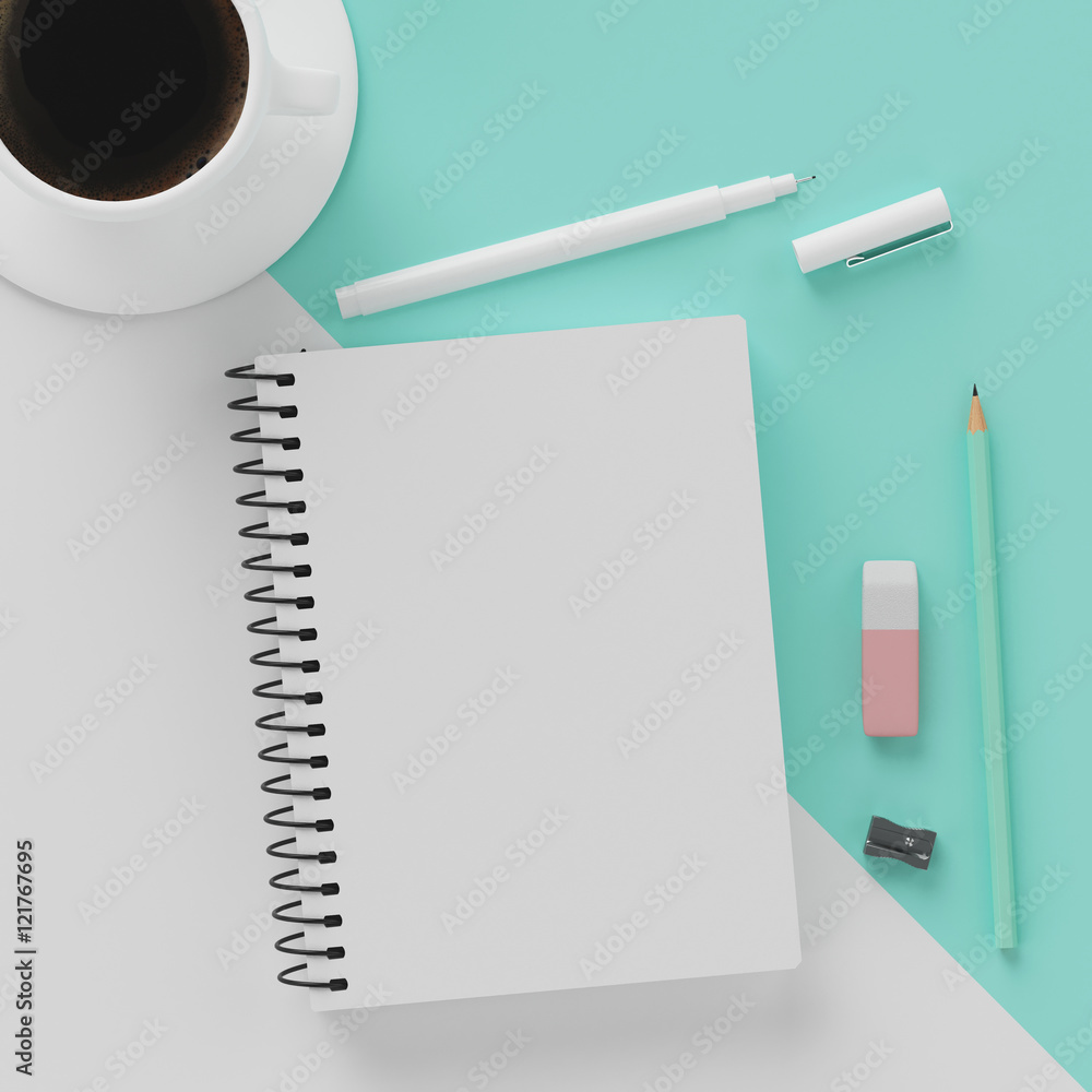 Φωτογραφία Minimal work space : sketchbook , a cup of coffee , rubber , white pen and green pastel pencil on green pastel cross white background