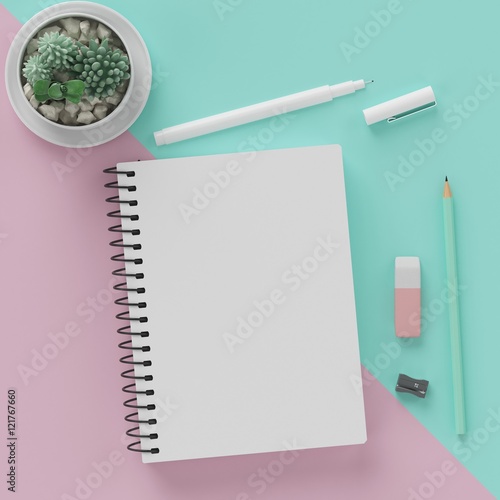 Minimal work space , sketchbook , pen , glasses , pencil , cactus , rubber on pastel pink and green background for copy space.