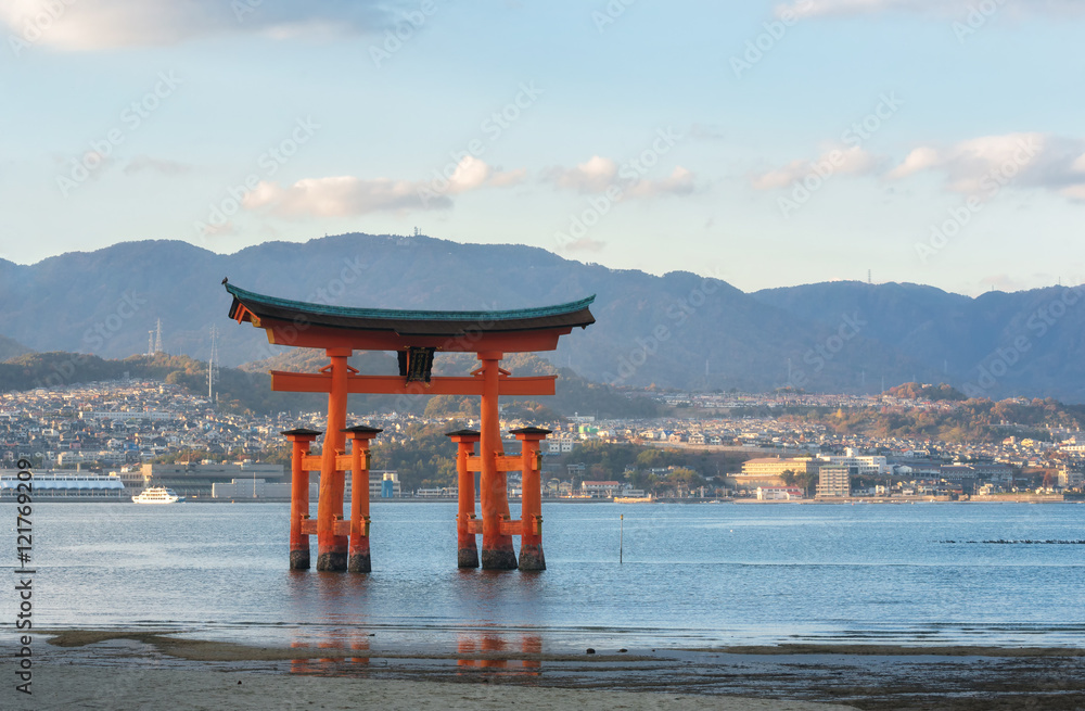 Miyajima, Hiroshima, Japan at the famed floating torii gate. Miyajima, Hiroshima, Japan at the famed floating torii gate.