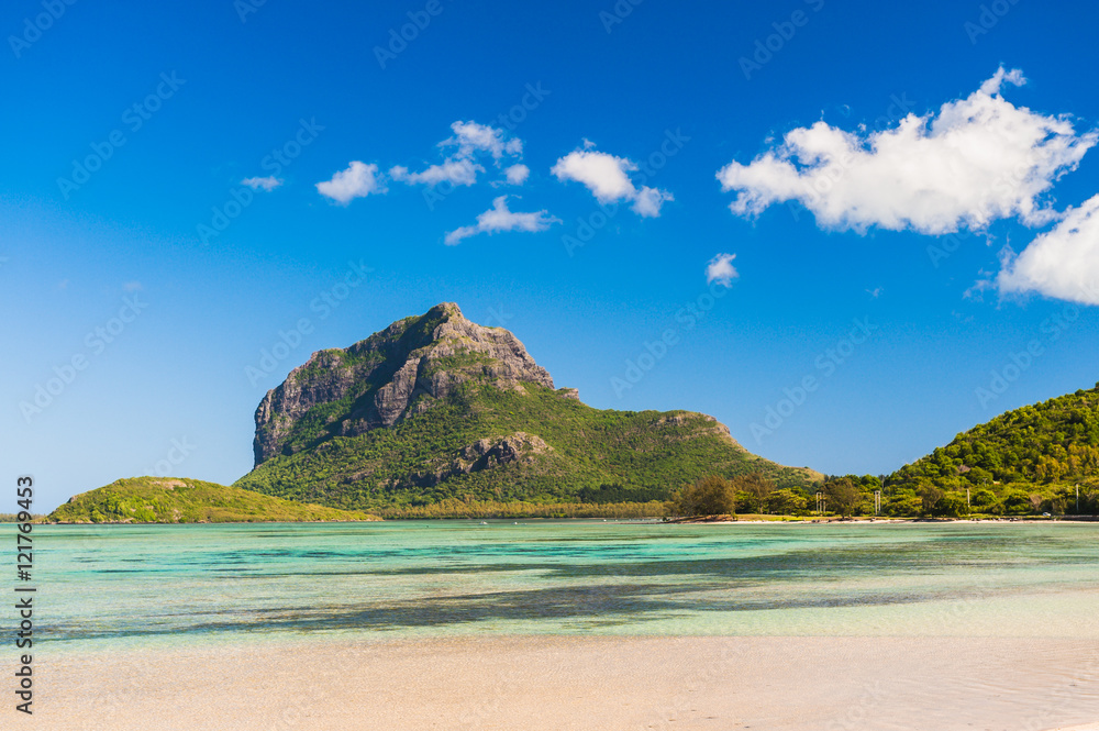 Beautiful seascape with a mountain of Le Morne Brabant in the background. Mauritius Island