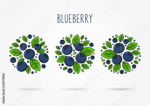Blueberry line art vector illustration. Blueberry round labels creative concept. Graphic design for poster, banner, placard. Template layout with text and berries.
