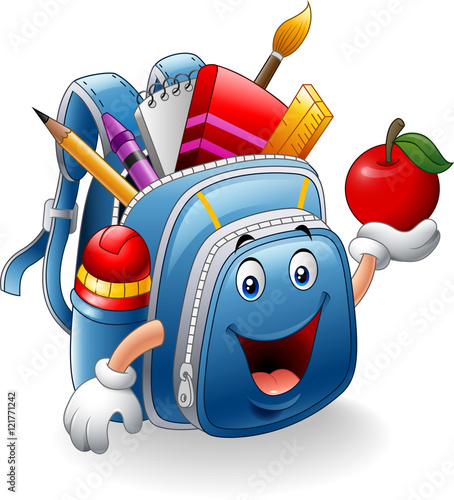 Cartoon school bag holding red apple

