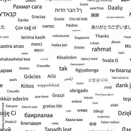 Thanks phrase in different languages on white, seamless pattern