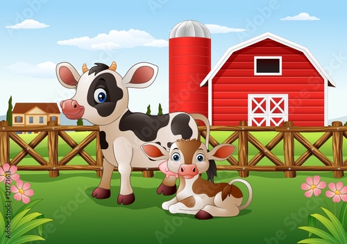 Cartoon cow and calf with farm background

